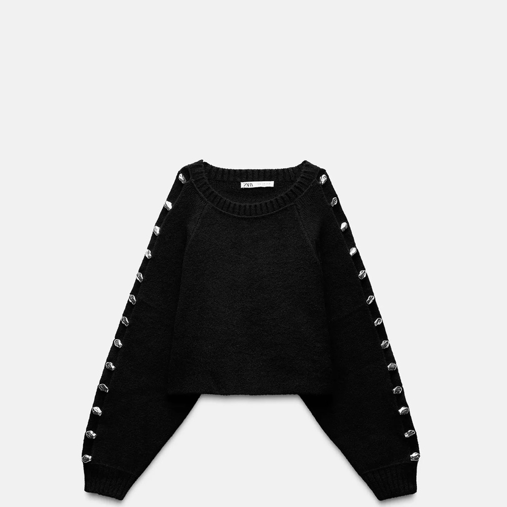 Zara Black Crew Neck Sweater with Laced Sleeves